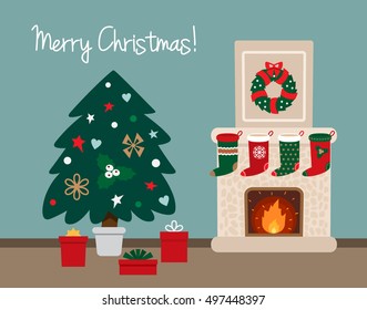 Christmas tree with presents and fireplace. flat vector illustration. greeting card