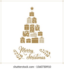 Christmas tree of presents in gold with the text Merry Christmas.
