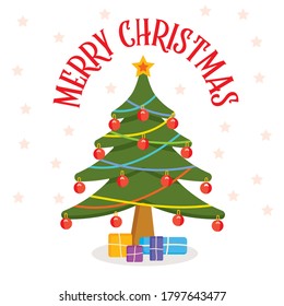 Christmas tree with presents and greeting text . Happy New Year vector illustration.