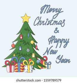 Christmas tree with presents and greeting. Vector illustration in cute cartoon style