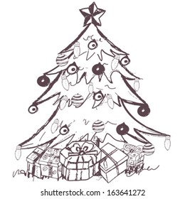 Christmas tree with presents  hand drawn doodle sketch