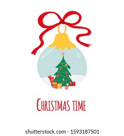 Christmas tree with presents inside glass ball, vector illustration. New Year celebration, winter holiday season, gift boxes under Christmas tree. Decorative ball, Xmas symbol, greeting card template