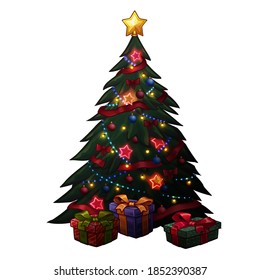 Christmas tree with presents. Isolated on white
