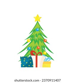 Árbol de Navidad con regalo aislado en blanco. Arte vectorial del concepto de vacaciones de invierno