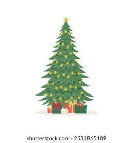 Árbol de Navidad con regalos aislados sobre fondo blanco. Decoraciones con bolas y guirnaldas. Ilustración vectorial. Para tarjetas de Nuevo Año, Anuncios, carteles.