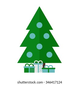 Christmas tree presents isolated on white background. Christmas tree with decoration. Christmas present box. Flat style vector illustration. 