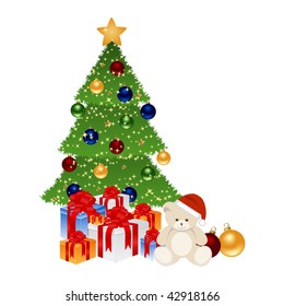 Christmas tree with presents isolated on a white background. Vector illustration.