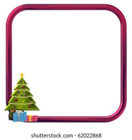 Christmas tree and presents on red, metallic frame.