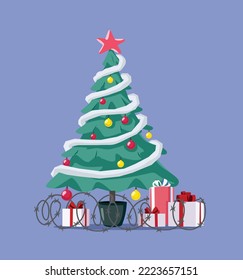 Christmas Tree with presents Protected by Barbed Wire Vector Cartoon. Greedy person setting limits to his presents with a fence 