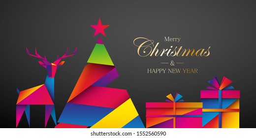 Christmas tree, presents and reindeer origami. Greeting card vector.