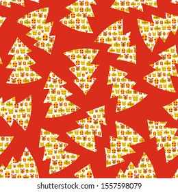 Christmas tree with presents seamless pattern on red background. Great for wallpaper, web background, wrapping paper, fabric, packaging, greeting cards, invitations and more.