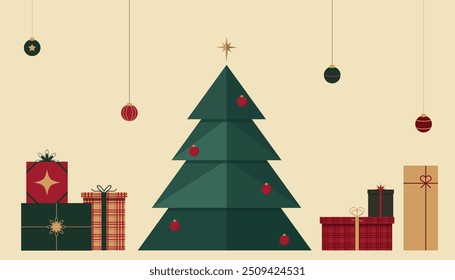 Christmas Tree with Presents. Simple seasonal vector. Flat Vector illustration