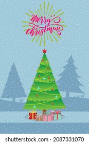 Christmas tree and presents with snow fall. Holiday background.