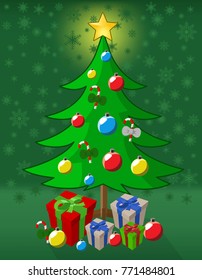 christmas tree with presents and snowflake background 