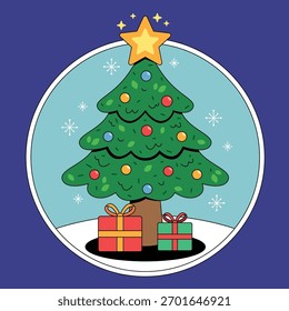 Árbol de Navidad con regalos y copos de nieve