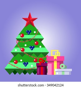 Christmas tree, presents - stock vector.Christmas design for greeting card. Christmas tree and presents isolated on blue background. Happy New Year design. Christmas tree on flat style.