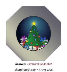 Christmas tree & presents surrounded by a bolt nut. "nuts about Christmas" 