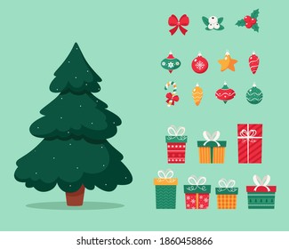 Christmas tree with presents and toys. Vector illustration