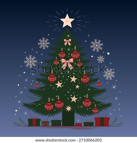 A Christmas tree with presents under it, against a background of a night sky and stars. Vector illustration.