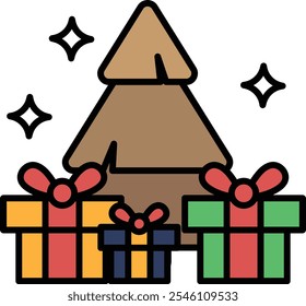 A Christmas tree with presents underneath it. The tree is brown and the presents are in various colors. Scene is festive and joyful