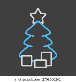 Árvore de Natal com presente vetor no ícone de fundo escuro. Sinal de inverno. Símbolo de gráfico para site de eventos e feriados e design de aplicativos, logotipo, aplicativo, IU