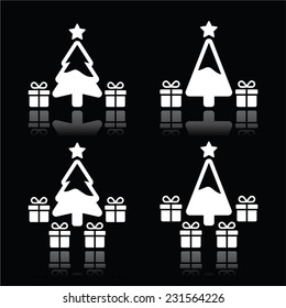 Christmas tree with presents white icons on black 