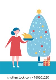 Christmas tree with presents and woman with dish prepared for holiday dinner. Vector illustration with decorated spruce and mother holding fried turkey