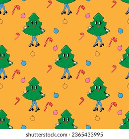 Christmas tree. In psychedelic groovy style. Seamless pattern