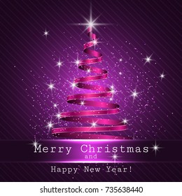 Christmas Tree Purple Background, Ribbon, Vector