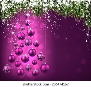 Christmas tree with purple christmas balls. Vector illustration.