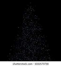 Christmas tree from Purple glitter elements, stars shiny confetti. Scattered little, sparkling, flashing tiny stellar falling on black background. New Year, Christmas background. Vector illustration.