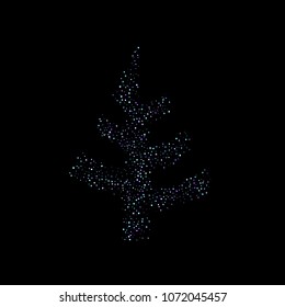 Christmas tree from Purple glitter elements, stars shiny confetti. Scattered little, sparkling, flashing tiny stellar falling on black background. New Year, Christmas background. Vector illustration.