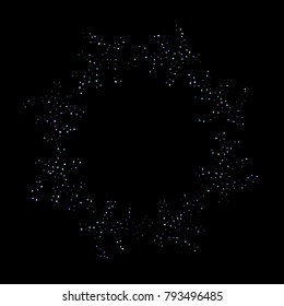 Christmas tree from Purple glitter elements, stars shiny confetti. Scattered little, sparkling, flashing tiny stellar falling on black background. New Year, Christmas background. Vector illustration.