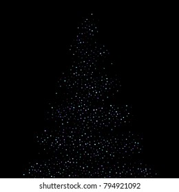 Christmas tree from Purple glitter elements, stars shiny confetti. Scattered little, sparkling, flashing tiny stellar falling on black background. New Year, Christmas background. Vector illustration.