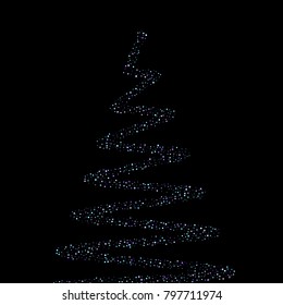 Christmas tree from Purple glitter elements, stars shiny confetti. Scattered little, sparkling, flashing tiny stellar falling on black background. New Year, Christmas background. Vector illustration.