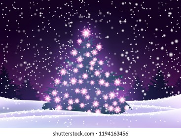 Christmas tree with purple lights in dark landscape with forest in background and snow, vector illustration, eps 10 with transparency