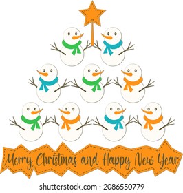 Christmas tree pyramid made of snowman and cursive lettering Merry Christmas and Happy New Year 