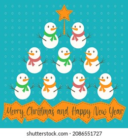 Christmas tree pyramid made of snowman and cursive lettering Merry Christmas and Happy New Year on polka dot