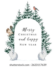 Christmas tree, rabbit, squirrel and bullfinch composition. Winter arch greeting card.	