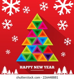 Christmas tree in rainbow triangles. Happy new year greetings card. Pyramid tree with long shadow. Vector