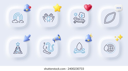 Christmas tree, Rainbow and Worms line icons. Buttons with 3d bell, chat speech, cursor. Pack of Lounger, Cocoa nut, Safe water icon. World water pictogram. For web app, printing. Vector
