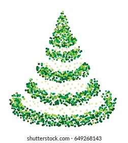 Christmas tree with randomly disposed green points. New Year congratulation with confetti glittering. Vector icon isolated on transparent background.