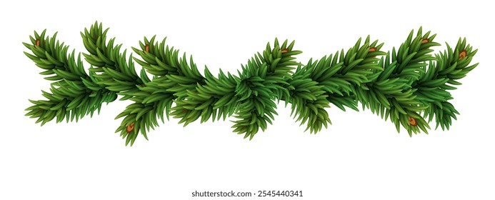 Christmas tree realistic garland isolated on white. Pine tree branches for holiday decoration and seasonal celebrations.