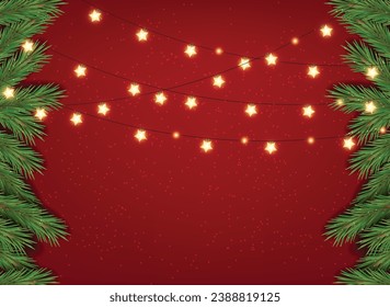 Christmas tree realistic, green fir branches, light realistic, Merry Christmas vector, Happy New Year, vector illustration, Christmas red card, holiday banner