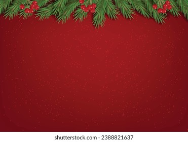 Christmas tree realistic, green fir branches, Merry Christmas red banner, Happy New Year background vector illustration, Christmas red card, holiday banner