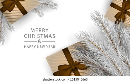 Christmas Tree in realistic style  Branches decorated with white decoration balls and gift box. New year. Holiday's Background.