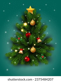 christmas tree realistic vector decoration with green gradient background