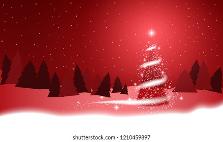 Christmas tree, red background for New Year project. Star of Jesus Christ. Winter forest and starry sky. Christmas star shines over the manger of christmas of Jesus Christ. 