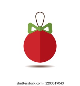 Christmas tree red ball with bow. Red bauble decoration, isolated on white background. Symbol of Happy New Year, Xmas holiday celebration, winter. Flat design for card. Vector illustration