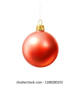 Christmas tree red ball toy. Realistic shiny golden decor element. Traditional festive xmas eve, new year celebration decoration design symbol. Vector bright decorative hanging object